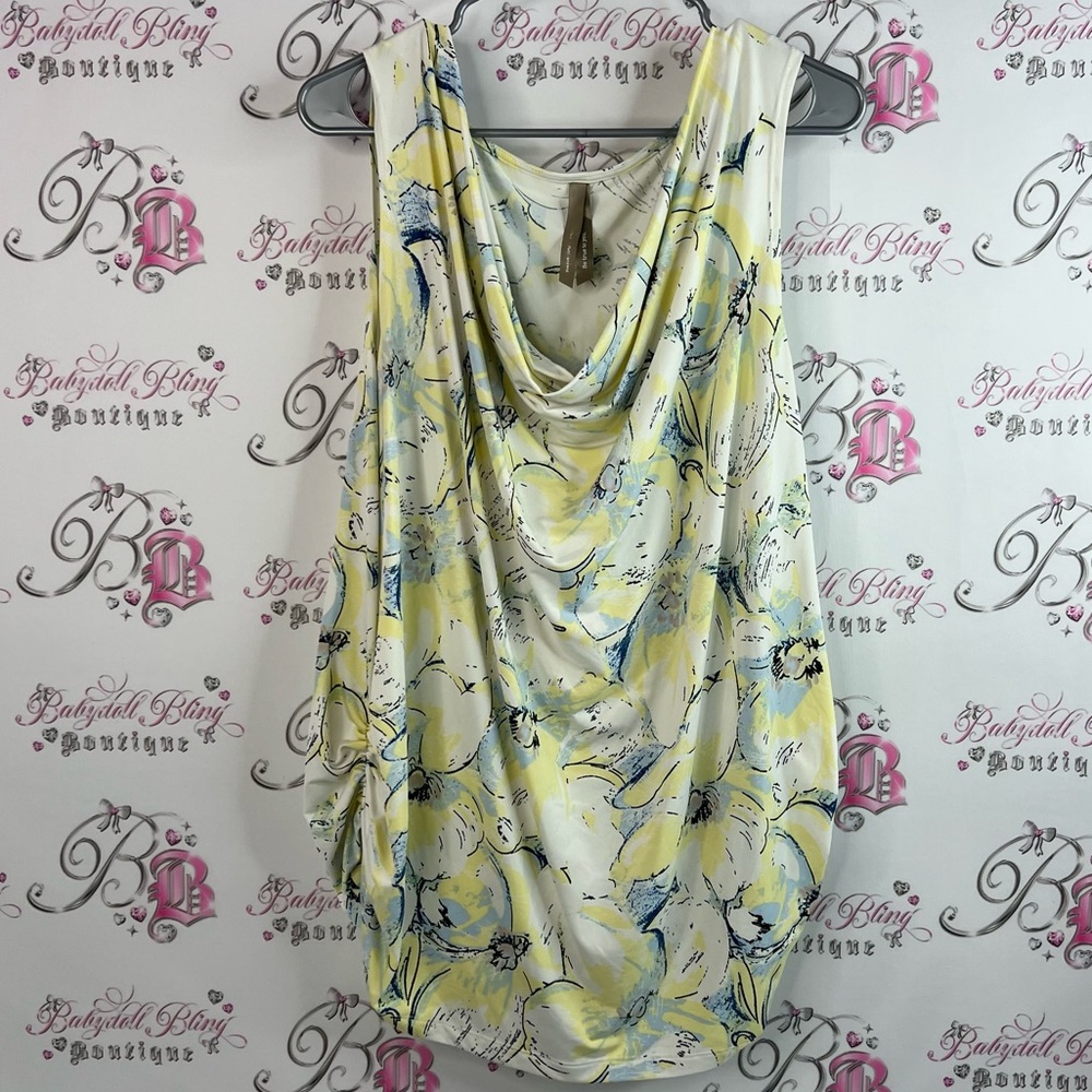 Be true to you tank top flowy Chic Floral Cowl Neck Blouse - Yellow and Blue